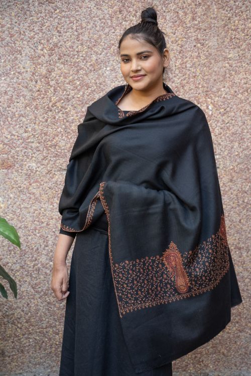 TICH Fine Sozni Hand Embroidered Pure Wool Stole - Black Paisley