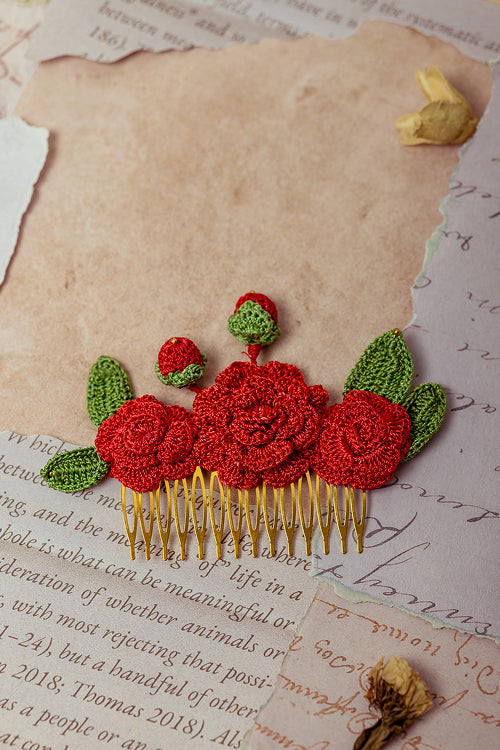 Samoolam Guncha Red Camelias - Hair Comb Pin