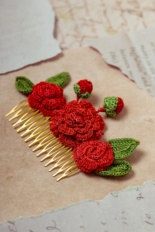 Samoolam Guncha Red Camelias - Hair Comb Pin
