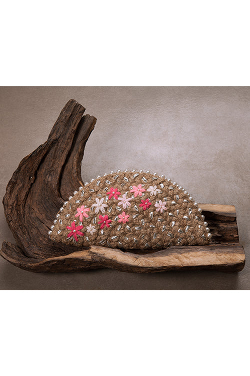 Dhaaga Pink Blossom Half Moon Clutch in Silver