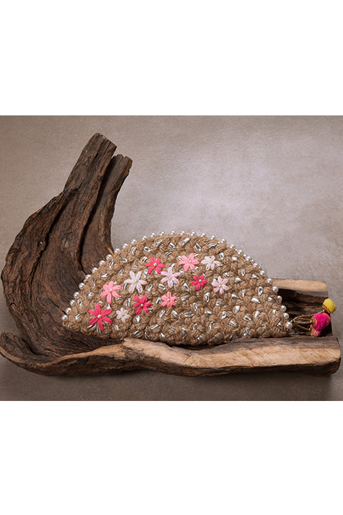 Dhaaga Pink Blossom Half Moon Clutch in Silver