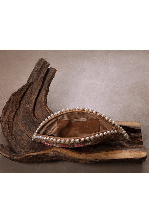 Dhaaga Pink Blossom Half Moon Clutch in Silver