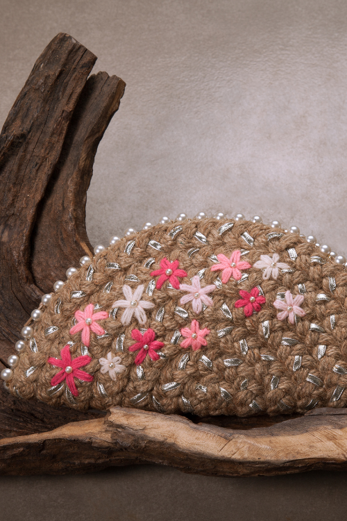 Dhaaga Pink Blossom Half Moon Clutch in Silver