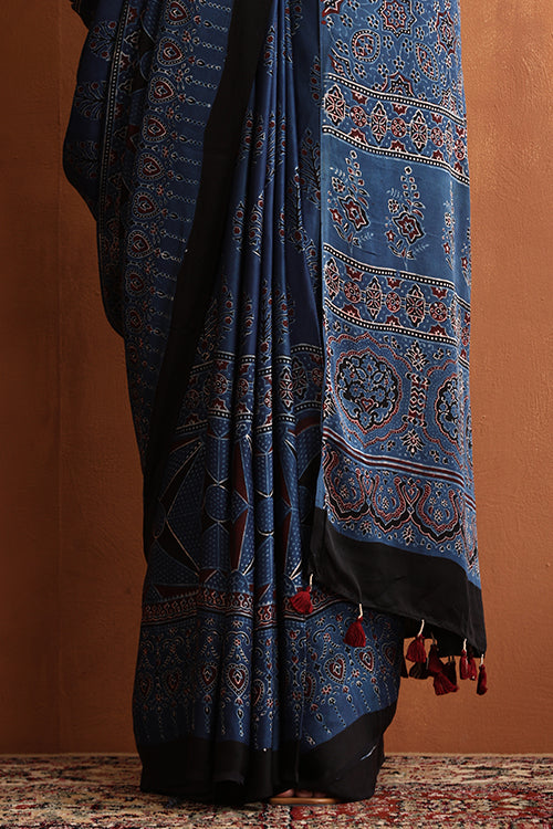 TENAARO  Ajrakh Hand Block Printed Modal Silk Saree (Blue24)