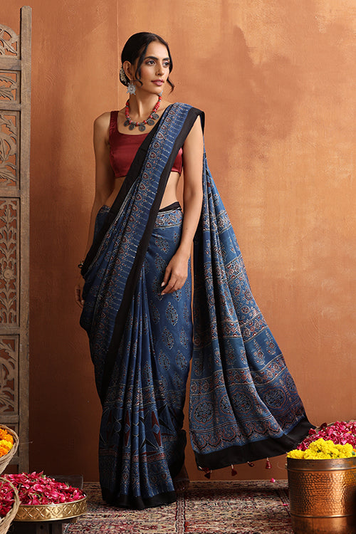 TENAARO  Ajrakh Hand Block Printed Modal Silk Saree (Blue24)