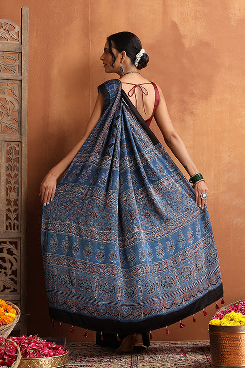 TENAARO  Ajrakh Hand Block Printed Modal Silk Saree (Blue24)