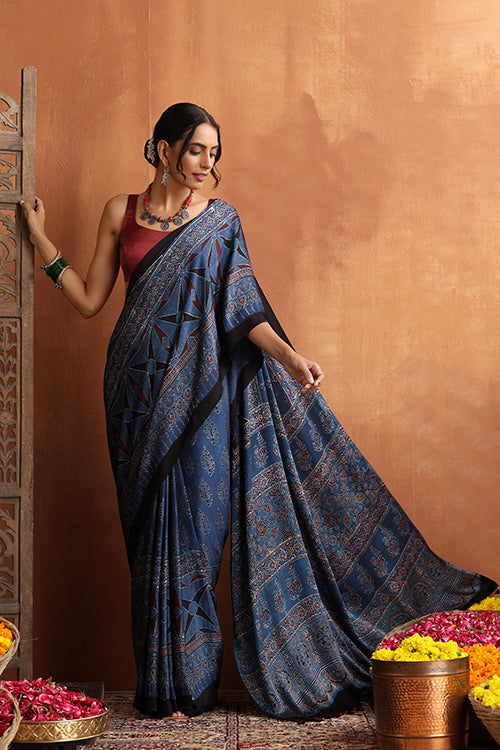 TENAARO  Ajrakh Hand Block Printed Modal Silk Saree (Blue24)