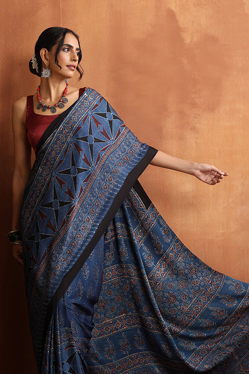 TENAARO  Ajrakh Hand Block Printed Modal Silk Saree (Blue24)