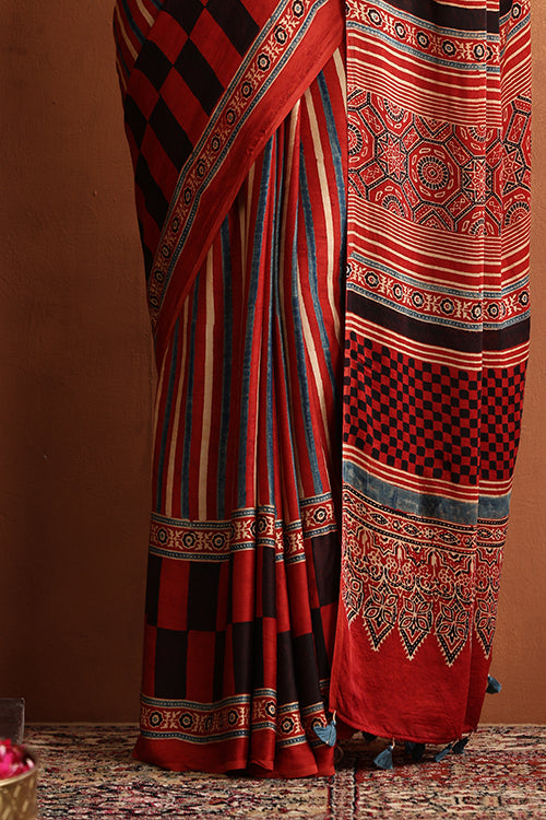 TENAARO  Ajrakh Hand Block Printed Modal Silk Saree (Red25))