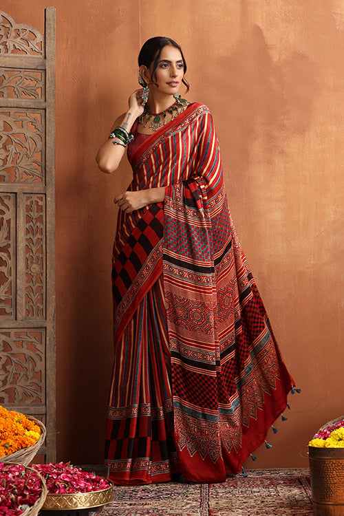 TENAARO  Ajrakh Hand Block Printed Modal Silk Saree (Red25))