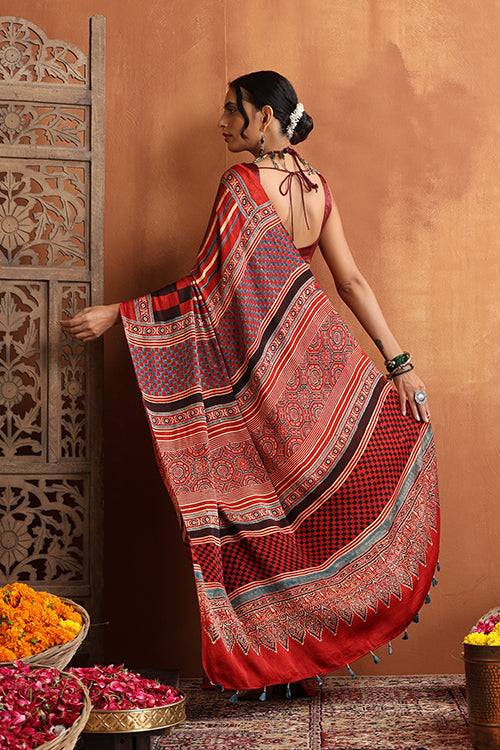 TENAARO  Ajrakh Hand Block Printed Modal Silk Saree (Red25))