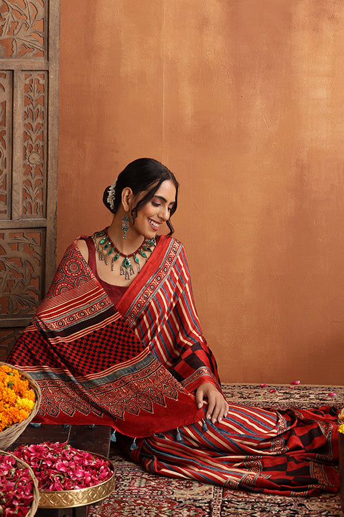 TENAARO  Ajrakh Hand Block Printed Modal Silk Saree (Red25))
