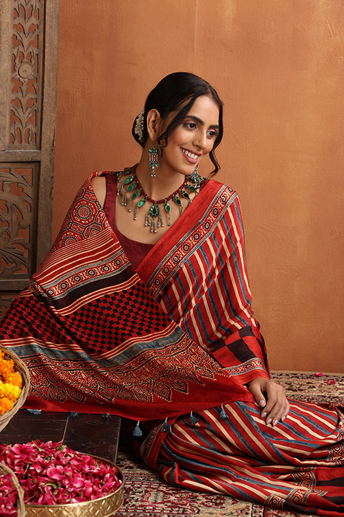 TENAARO  Ajrakh Hand Block Printed Modal Silk Saree (Red25))