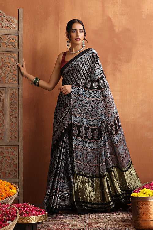 TENAARO  Ajrakh Hand Block Printed Modal Silk Tissue Pallu Saree (BlackLP6)