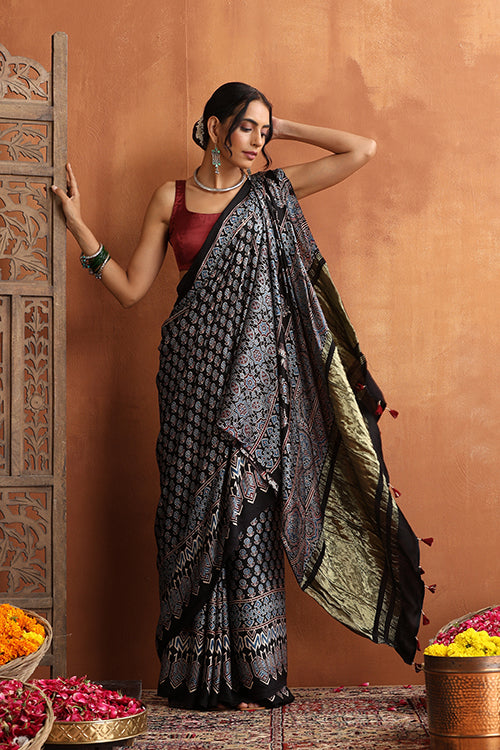 TENAARO  Ajrakh Hand Block Printed Modal Silk Tissue Pallu Saree (BlackLP6)