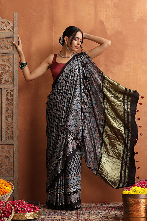 TENAARO  Ajrakh Hand Block Printed Modal Silk Tissue Pallu Saree (BlackLP6)