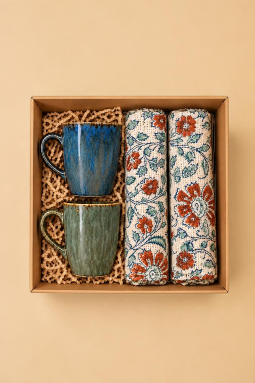 Indidhaage Cozy Home Gift Hamper | Ceramic Mugs & Block Print Cushion Covers