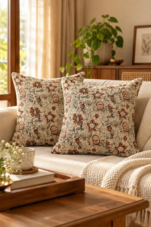 Indidhaage Cozy Home Gift Hamper | Ceramic Mugs & Block Print Cushion Covers