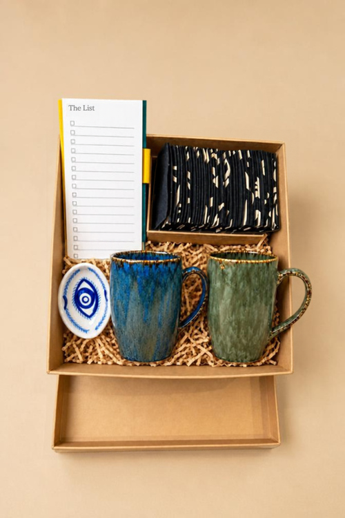 Indidhaage Mindful Self-Care Gift Hamper | Affirmation Cards, To-Do List, Evil Eye Holder & Ceramic Mugs