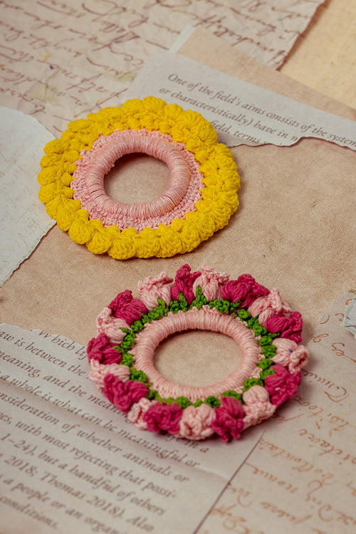 Samoolam Guncha Yellow Pink Foliage - Bloom Scrunchie (Set Of 2)