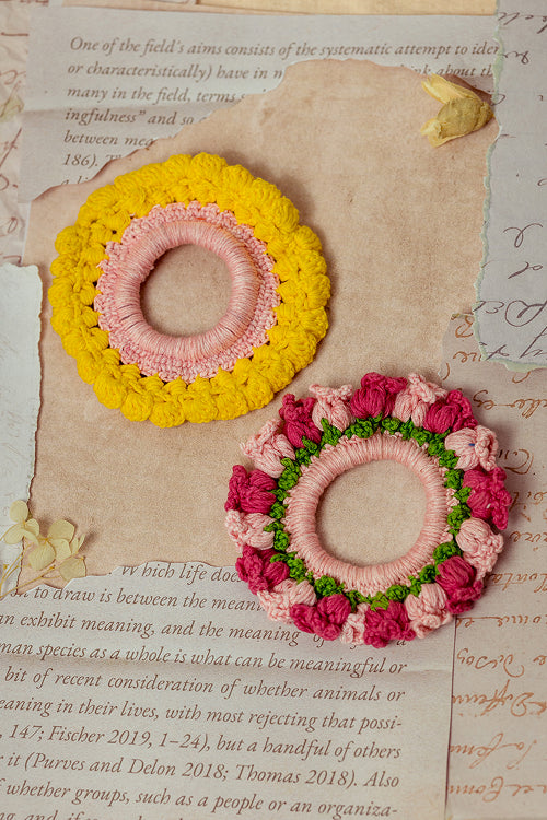 Samoolam Guncha Yellow Pink Foliage - Bloom Scrunchie (Set Of 2)