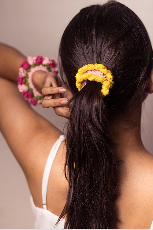 Samoolam Guncha Yellow Pink Foliage - Bloom Scrunchie (Set Of 2)