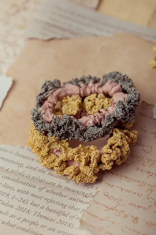 Samoolam Guncha Grey Yellow Pastel Bloom Scrunchie (Set of 2)