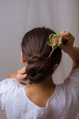 Samoolam Handmade Crochet Hairstick ~ Shimmer And Green Lotus