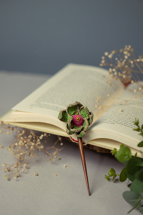 Samoolam Handmade Crochet Hairstick ~ Shimmer And Green Lotus