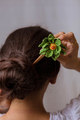 Samoolam Handmade Crochet Hairstick ~  Green Camelia