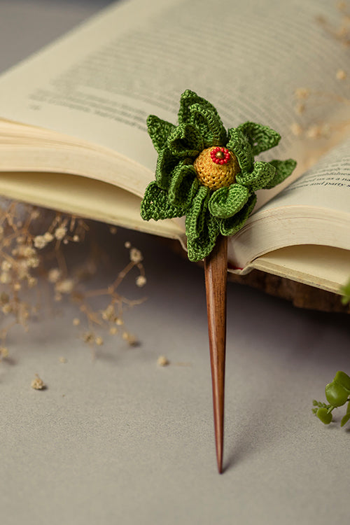 Samoolam Handmade Crochet Hairstick ~  Green Camelia