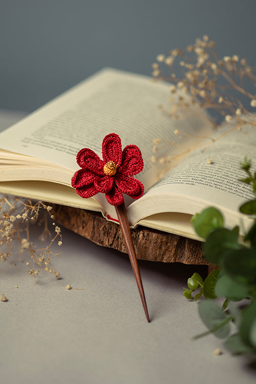 Samoolam Handmade Crochet Hairstick ~ Dark Red Camelia