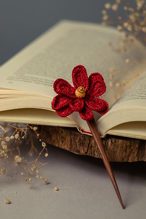 Samoolam Handmade Crochet Hairstick ~ Dark Red Camelia