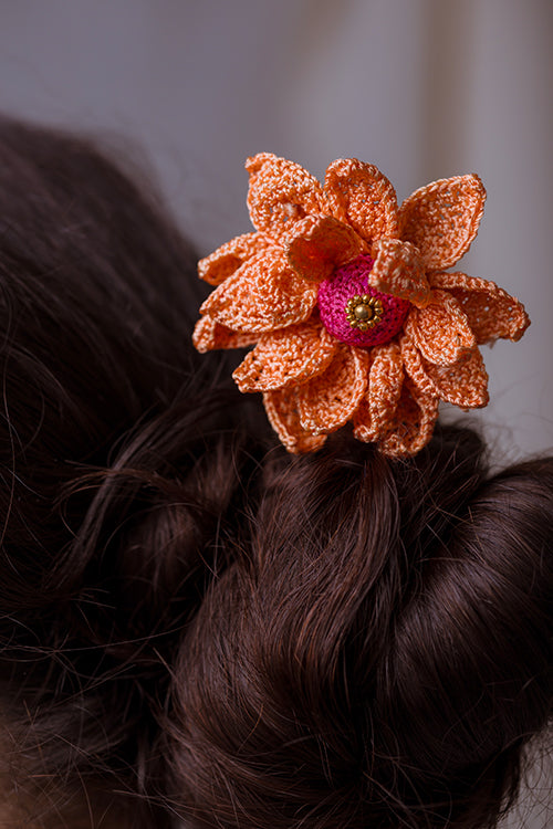 Samoolam Handmade Crochet Hairstick ~  Orange Camelia