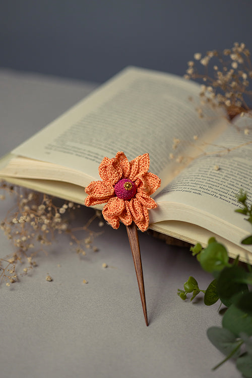 Samoolam Handmade Crochet Hairstick ~  Orange Camelia