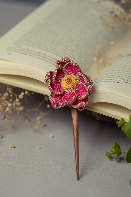 Samoolam Handmade Crochet Hairstick ~ Shimmer Pink Lotus