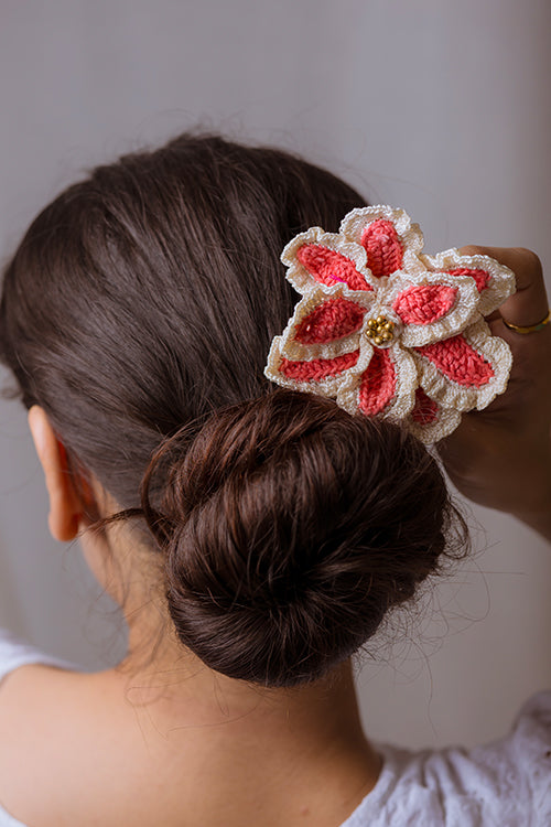 Samoolam Handmade Crochet Hairstick ~  Pink & White Petunia