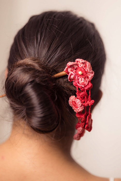 Samoolam Guncha Coral Red Aster Bunch - Hairstick