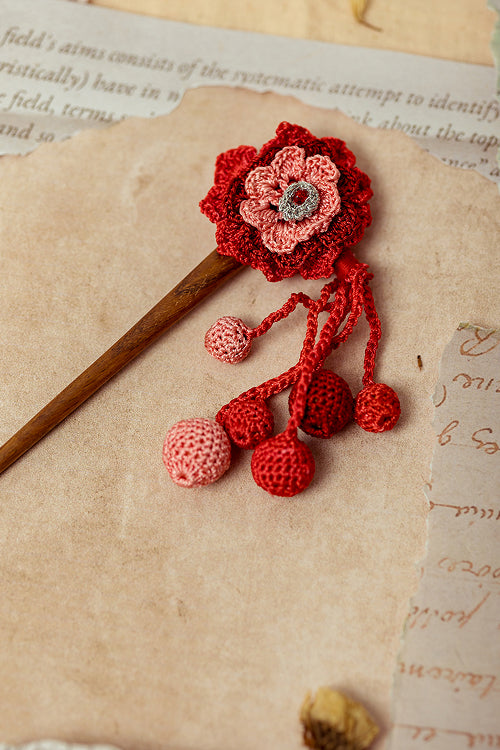 Samoolam Guncha Coral Red Dahlia Bunch - Hairstick