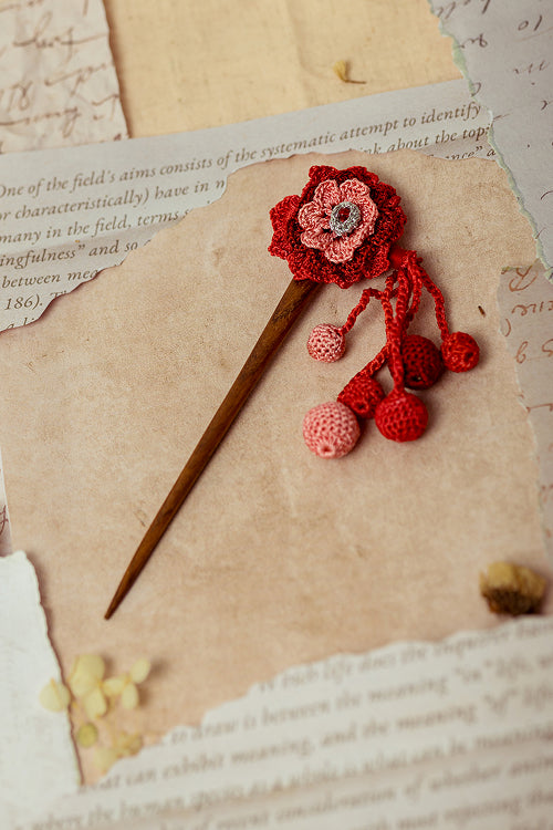 Samoolam Guncha Coral Red Dahlia Bunch - Hairstick