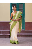 Handwoven Elegance. Bengal Khadi Cotton Saree - Off White & Green