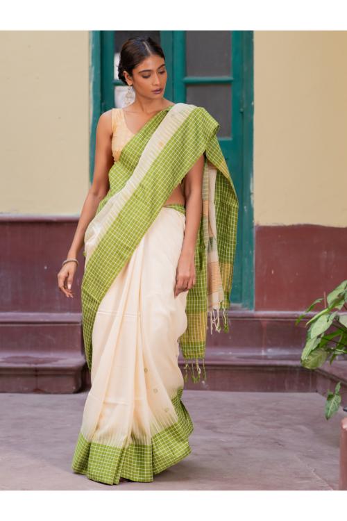 Handwoven Elegance. Bengal Cotton Saree - Off White & Green