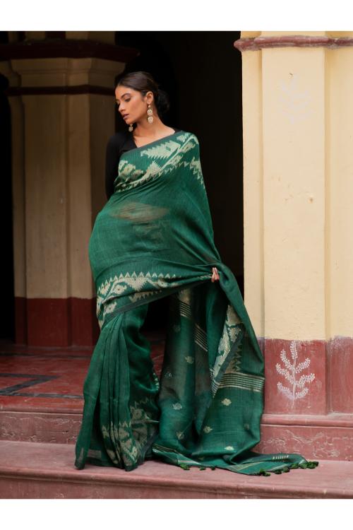 Handwoven Elegance. Exclusive Linen Jamdani Saree - Emerald Beauty