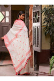 Handwoven Elegance. Exclusive Linen Jamdani Saree - Red & Cream