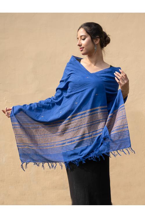 Handwoven Kashida Pattu Cotton Stole / Dupatta - Blue Elegance