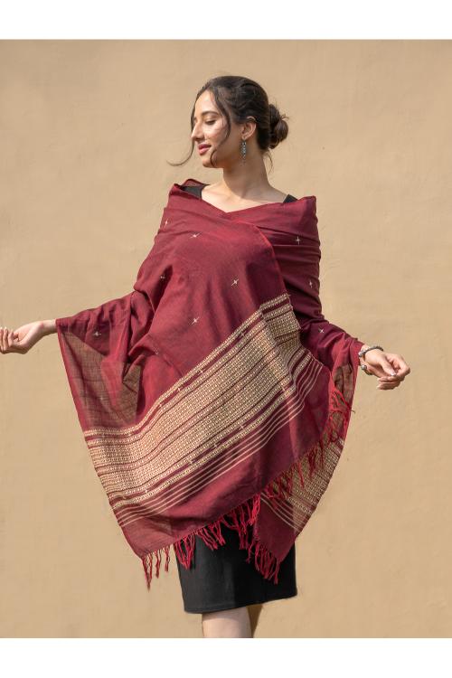 Handwoven Kashida Pattu Cotton Stole / Dupatta - Wine Elegance