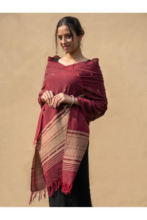 Handwoven Kashida Pattu Cotton Stole / Dupatta - Wine Elegance