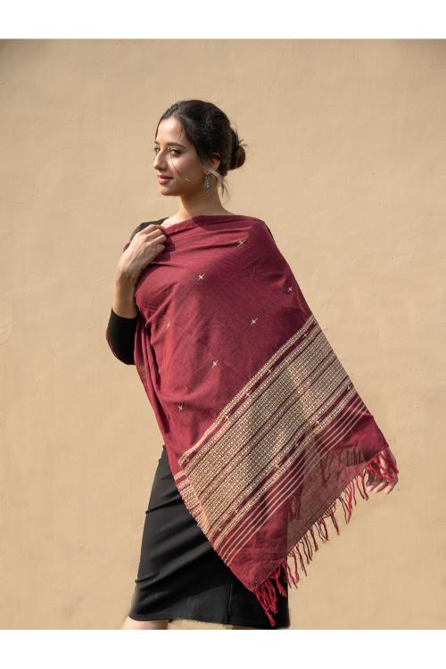 Handwoven Kashida Pattu Cotton Stole / Dupatta - Wine Elegance