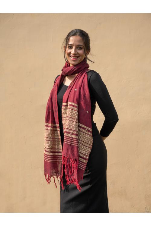 Handwoven Kashida Pattu Cotton Stole / Dupatta - Wine Elegance