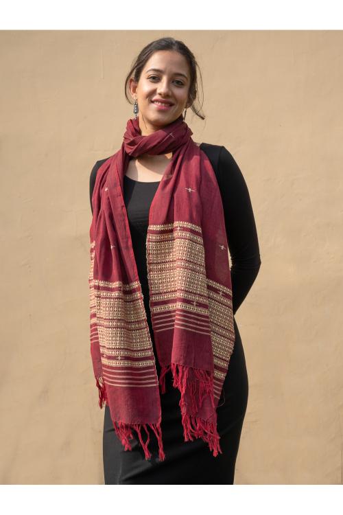 Handwoven Kashida Pattu Cotton Stole / Dupatta - Wine Elegance